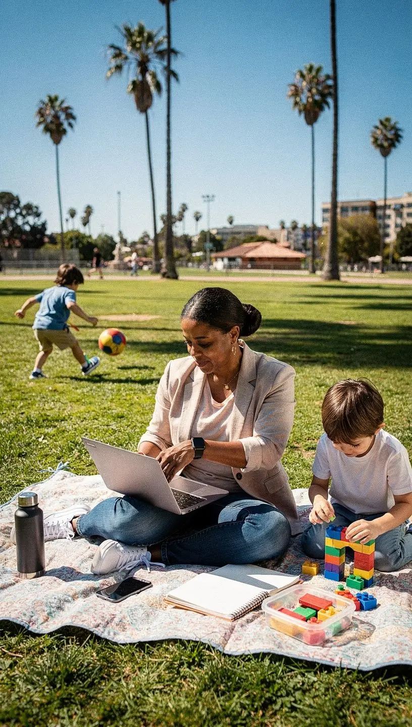 Overhead view of a tidy workspace featuring a tablet, wireless keyboard, and a cup of coffee.